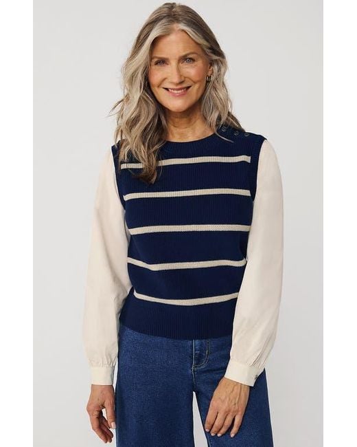 Lands' End Blue Drifter Shaker Button Shoulder Sweater Vest With Poplin Sleeves