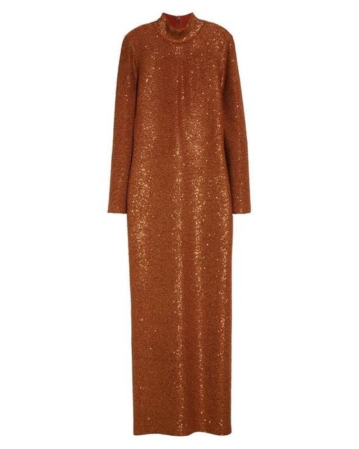 St. John Sequin Long Sleeve Mock Neck Column Gown in Brown | Lyst