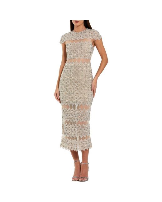 Mac Duggal Women's Natural Beaded Mesh Fitted Midi Dress With Sheer Panels