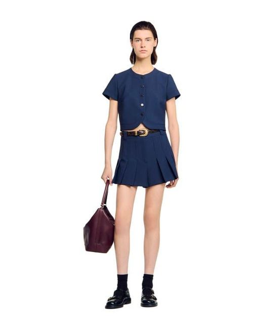 Sandro Blue Rounded Hem Buttoned Crop Top