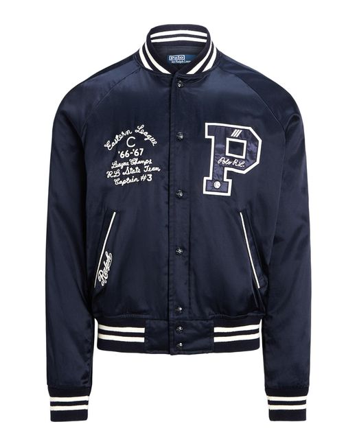 Polo Ralph Lauren Blue Satin Varsity Bomber Jacket for men