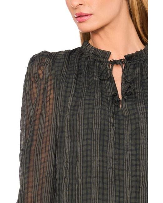 Cece Gray Mixed Print Split Neck Top