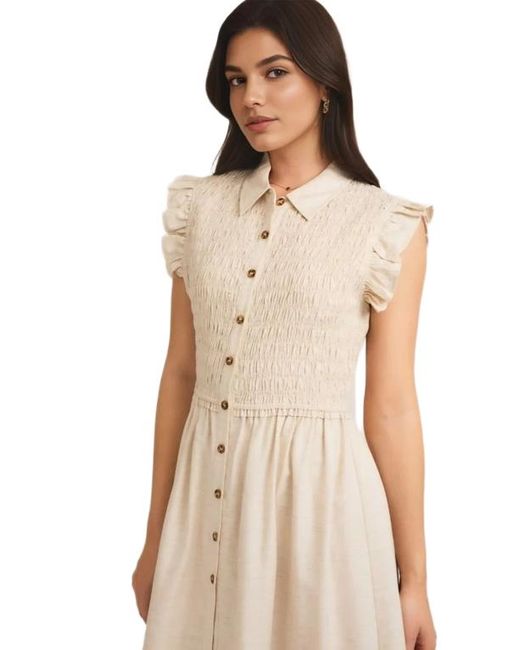 Knit & Lounge Natural Button-Front Midi Dress With Smocked Bodice And Ruffle Sleeves