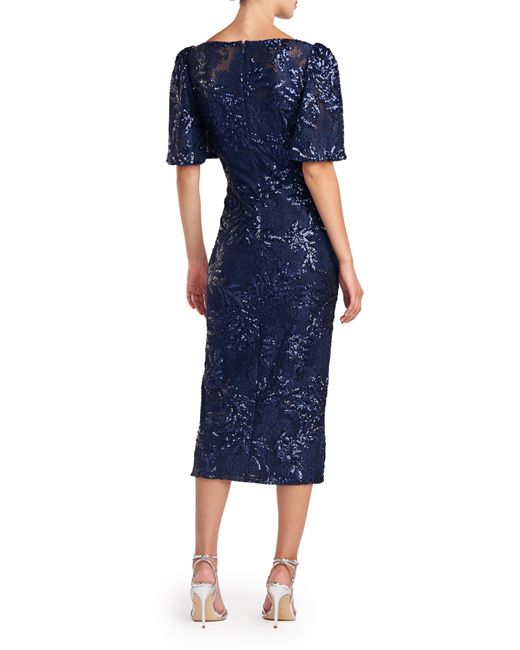 JS Collections Blue Adel Sequin Lace Cocktail Midi Dress