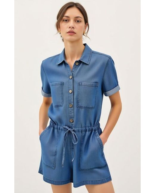 Modenaire Blue Utility Button-Up Denim Romper With Pockets And Drawstring Waist