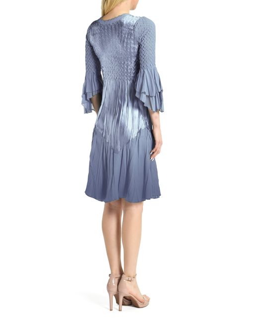 Komarov Blue Three-quarter Sleeve Charmeuse & Chiffon Midi Dress