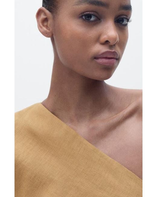 Mango Natural One-Shoulder Linen Midi Dress