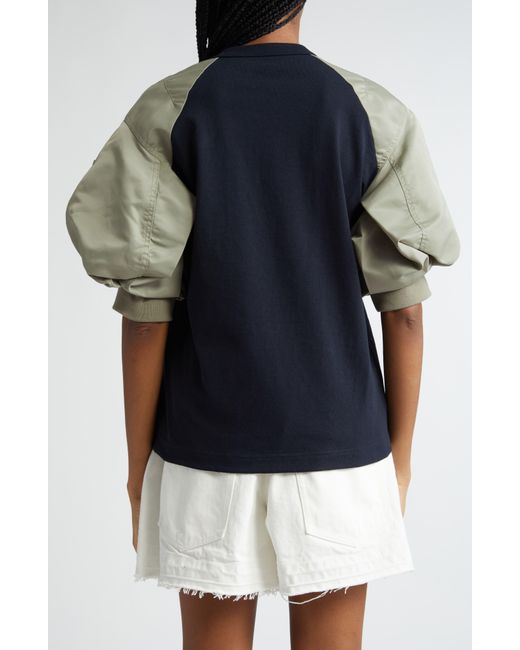 Sacai Blue Puff Sleeve Cotton Jersey & Nylon Twill Hybrid Top