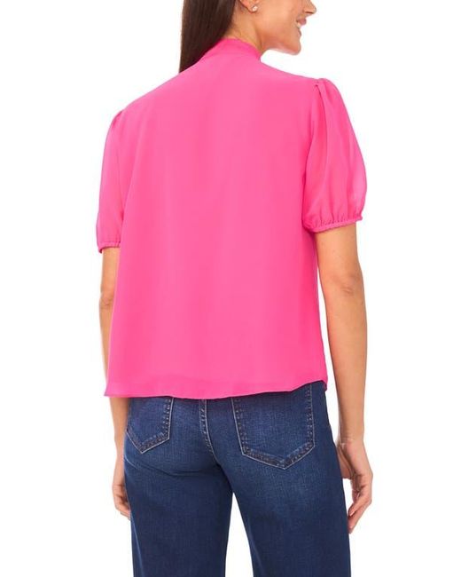 Cece Pink Puff Sleeve Tie Neck Top