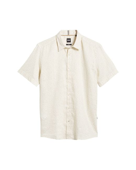 Boss White Liam Leaf Print Short Sleeve Stretch Linen Button-up Shirt for men