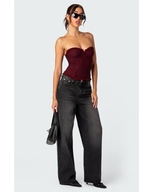 Edikted Deirdre Lace-Up Strapless Mesh Corset Top in Red | Lyst