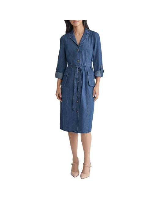 Jones New York Blue Long Sleeve Cotton Denim Midi Shirtdress