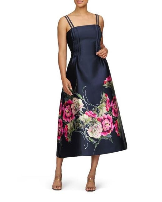 Kay Unger Blue Margot Placed Floral A-Line Cocktail Dress