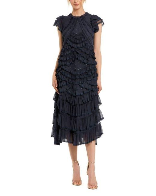 Mac Duggal Blue High Neck Ruffle Mesh Midi Dress