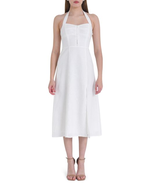 Wayf White Simone Halter Neck Linen Midi Dress