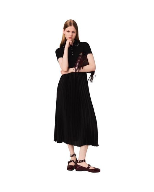 Maje Black Pleated Maxi Dress With Polo Collar