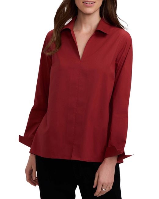 Foxcroft Red Agnes Split Cuff Popover Blouse