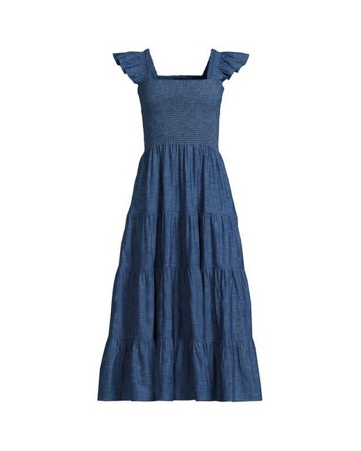 Lands' End Blue Chambray Smocked Dress With Ruffle Straps