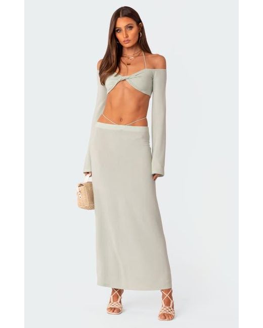 Edikted Green Celeste Off The Shoulder Twist Long Sleeve Crop Top