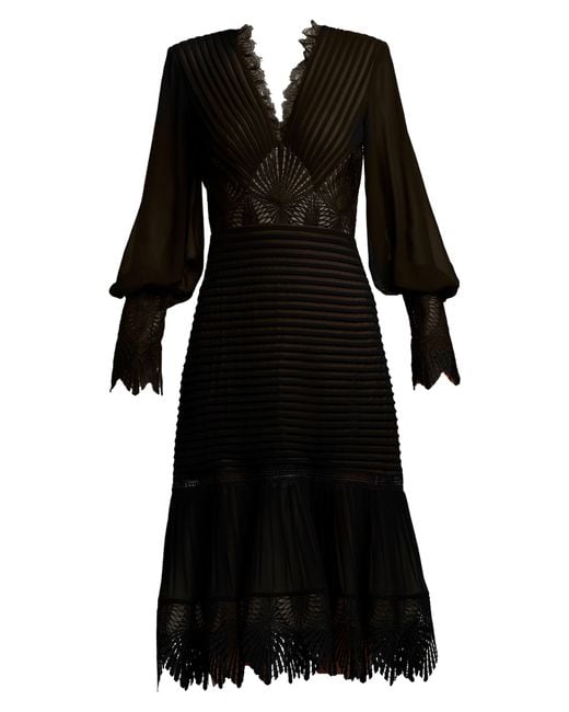 Tadashi Shoji Black Ribbed Lace Trim Long Sleeve Midi Cocktail Dress