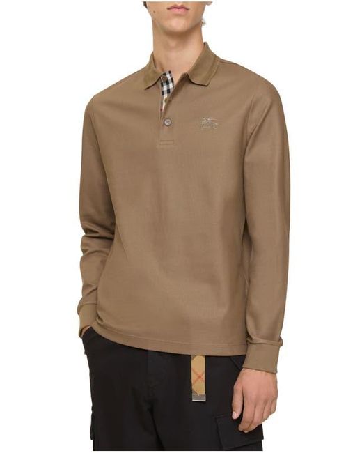 Burberry Men's Natural Long-Sleeve Cotton Polo Shirt