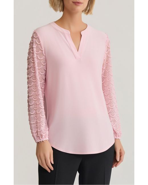 Kasper Pink Split Neck Lace Sleeve Tunic Top