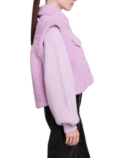 Maje Belia Mixed Media Faux Fur Jacket in Pink | Lyst