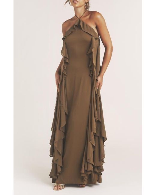 six stories brown dress Six Stories Bridesmaid ruched drape satin maxi dress in rust