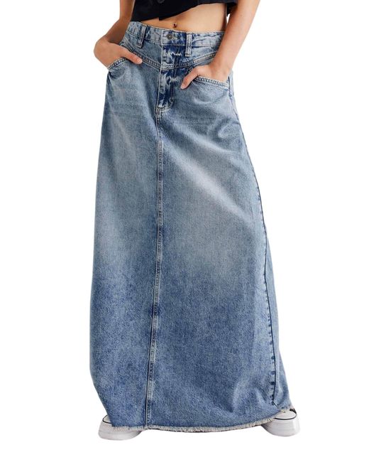 Free People Blue Come As You Are Fray Hem Denim Maxi Skirt