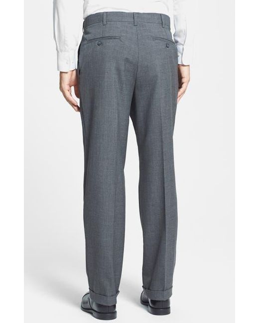 Berle Gray Self Sizer Waist Plain Weave Pleated Washable Trousers for men