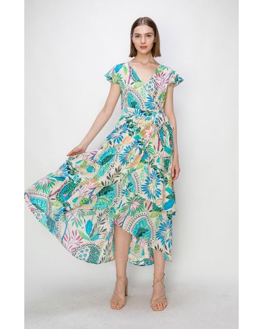 MELLODAY Green Floral Print Flutter Sleeve Faux Wrap Midi Dress