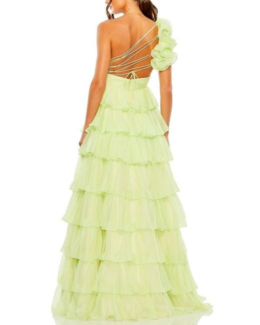 Mac Duggal Yellow One Shoulder Ruffle Tiered Ballgown