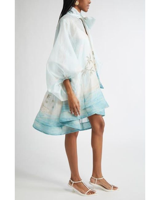 Zimmermann Blue Seascape Print Long Sleeve Organza Minidress