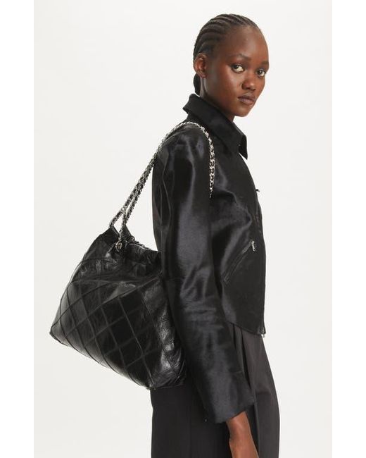 Tory Burch Black Fleming Distressed Quilted Leather Hobo Bag