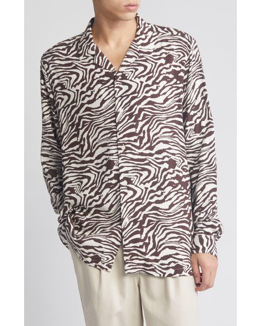 ASOS Brown Zebra Print Relaxed Long Sleeve Camp Shirt for men