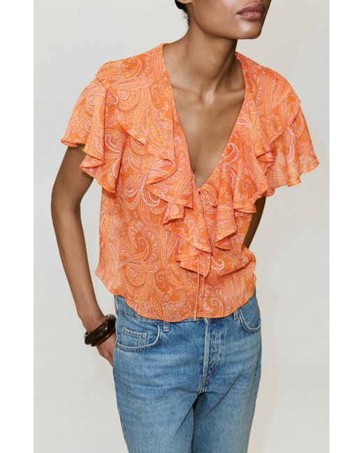 Mango Orange Ruffled Printed Top