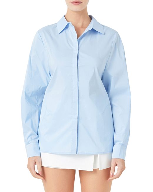 Endless Rose Blue Elastic Back Detail Cotton Blend Button-up Shirt