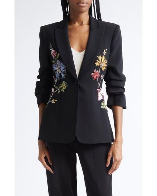 Cinq À Sept Black Sequin Floral Scrunched Sleeve Blazer