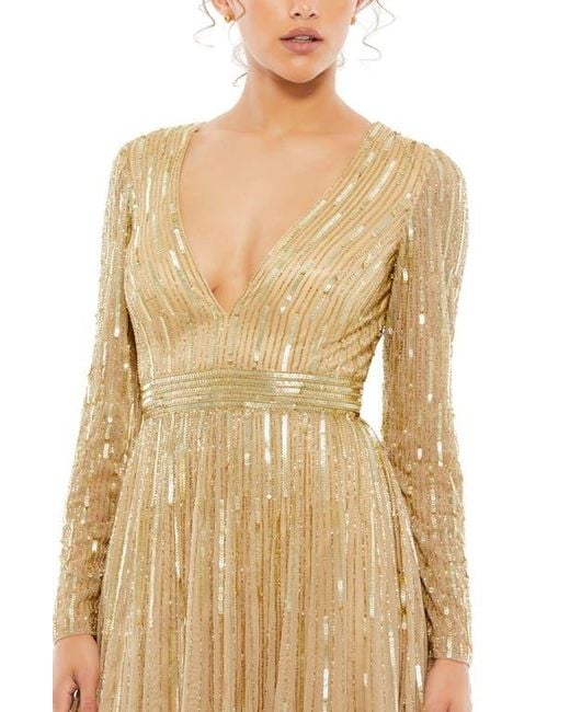 Mac Duggal Natural Sequined Long Sleeve Plunging V-Neck Gown