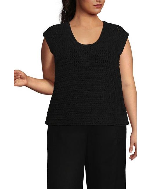 Lands' End Women's Black Plus Size Blend Texture U Neck Vest Sweater