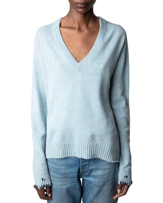 Zadig & Voltaire Blue Vivi Star Patch V-neck Cashmere Sweater