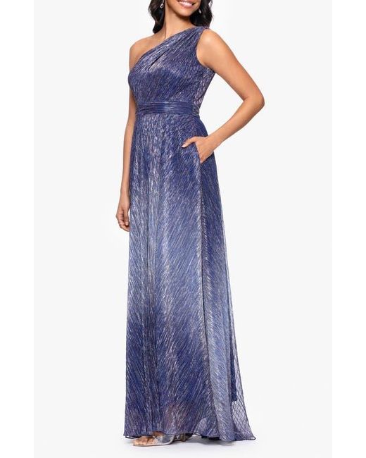 Betsy & Adam Blue Ombré Crinkle Metallic One-Shoulder Gown