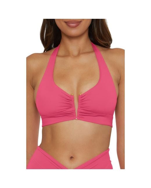 Becca Pink Shirred V-Wire Halter Bikini Top