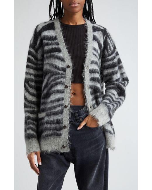 R13 Gray Zebra Stripe Distressed Wool & Mohair Blend V-neck Cardigan