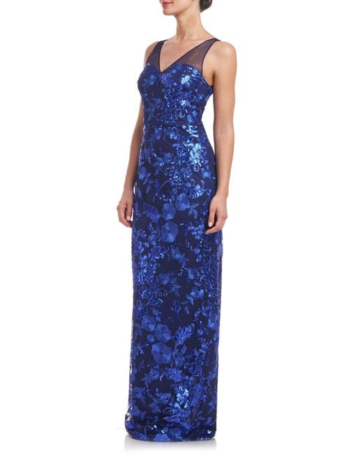 JS Collections Blue Baylor Embroidered Sequin Sleeveless Gown