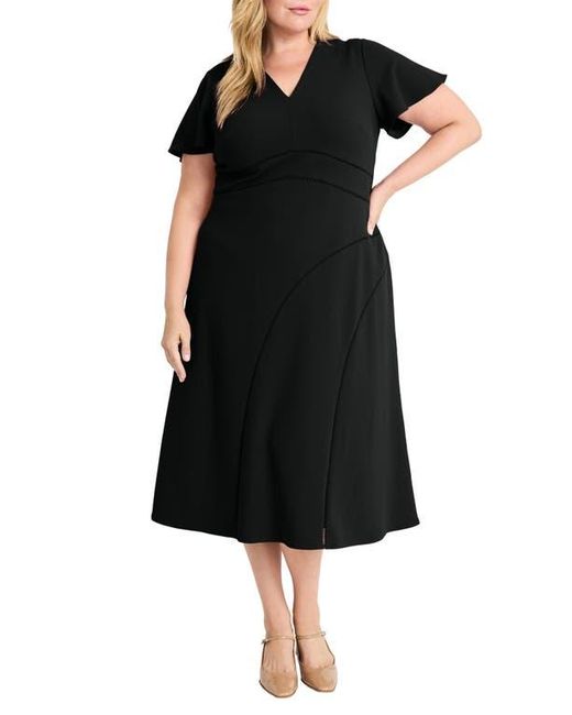 Maggy London Black Short Sleeve Lattice Detail Midi Dress
