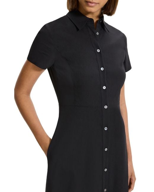 Theory Black Short Sleeve Linen Blend Midi Shirtdress