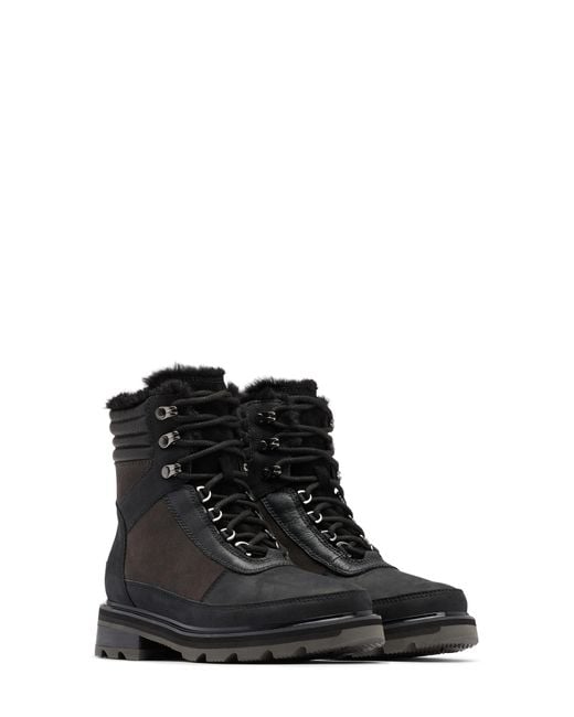 Sorel Leather Lennox Faux Fur Trim Lace-up Boot in Black | Lyst