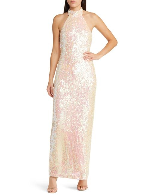 Wayf Natural The Aria Sequin Mock Neck Gown