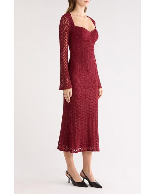 Astr Tamia Long Sleeve Lace Midi Dress in Red | Lyst
